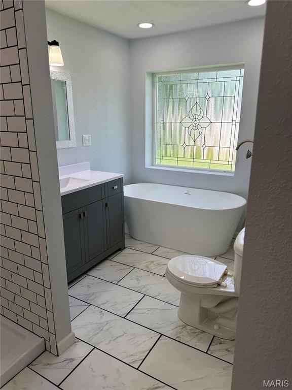 401 Clara St, Potosi, MO 63664 - full bathroom with marble finish flooring, vanity, a soaking tub, recessed lighting, and a tile shower
