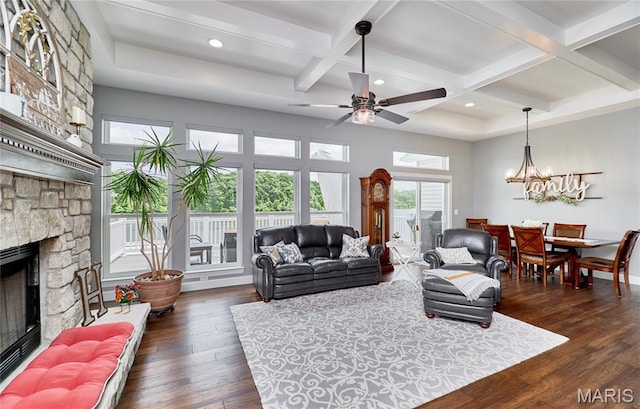 10234 Village Dr, Foristell, MO 63348 - living area with a fireplace, coffered ceiling, recessed lighting, healthy amount of natural light, and a ceiling fan