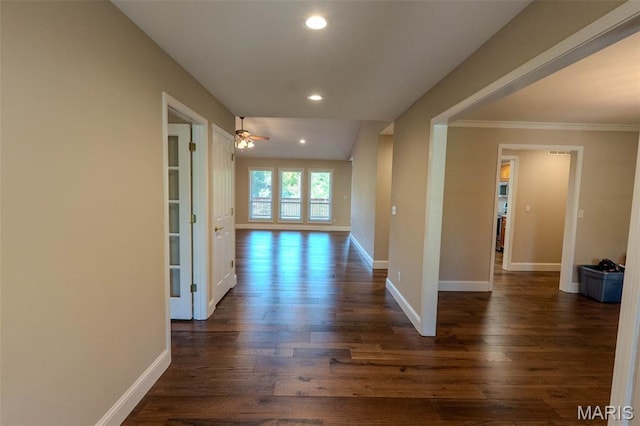 11782 Pine Forest Dr, Rolla, MO 65401 - hallway featuring dark wood-style flooring, recessed lighting, and crown molding