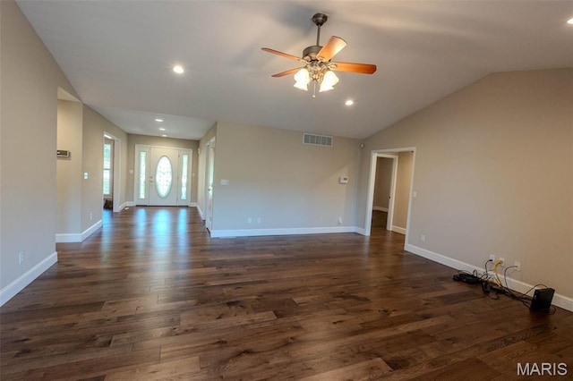 11782 Pine Forest Dr, Rolla, MO 65401 - unfurnished living room with ceiling fan, dark wood finished floors, vaulted ceiling, and recessed lighting