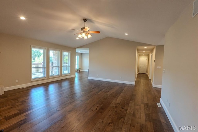 11782 Pine Forest Dr, Rolla, MO 65401 - unfurnished living room with ceiling fan, dark wood-style flooring, vaulted ceiling, and recessed lighting