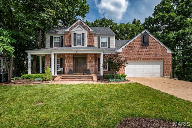 742 Arbor Ridge Ct, Ballwin, MO 63021 - view of front of home with a porch, driveway, a garage, a front lawn, and a shingled roof