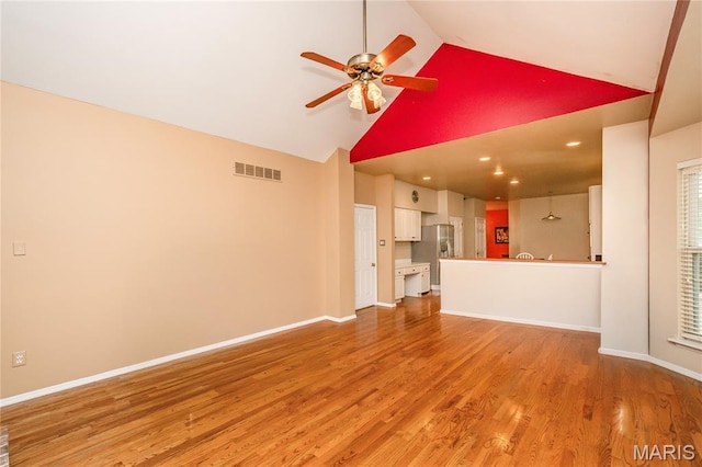 742 Arbor Ridge Ct, Ballwin, MO 63021 - unfurnished living room featuring ceiling fan, light wood-style flooring, high vaulted ceiling, and recessed lighting