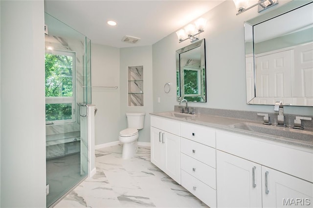 742 Arbor Ridge Ct, Ballwin, MO 63021 - bathroom featuring marble look tile flooring, double vanity, a shower stall, and recessed lighting