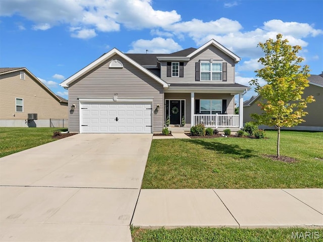 1673 Lake Meade Dr, Pacific, MO 63069 - traditional home featuring covered porch, driveway, an attached garage, and a front yard