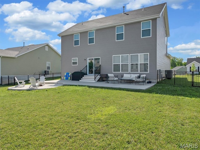 1673 Lake Meade Dr, Pacific, MO 63069 - back of house featuring entry steps, a patio, a fenced backyard, and an outdoor living space with a fire pit
