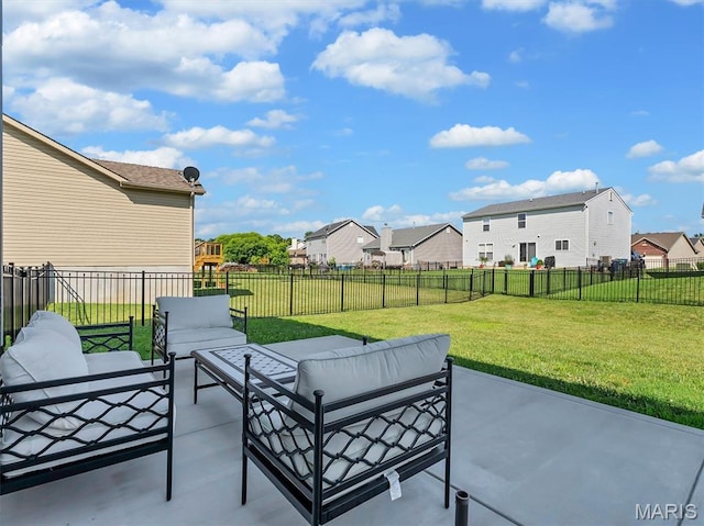 1673 Lake Meade Dr, Pacific, MO 63069 - fenced backyard featuring an outdoor hangout area, a patio area, and a residential view