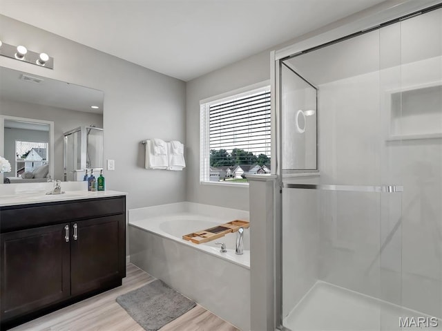 1673 Lake Meade Dr, Pacific, MO 63069 - full bath featuring a stall shower, vanity, a garden tub, and wood finished floors