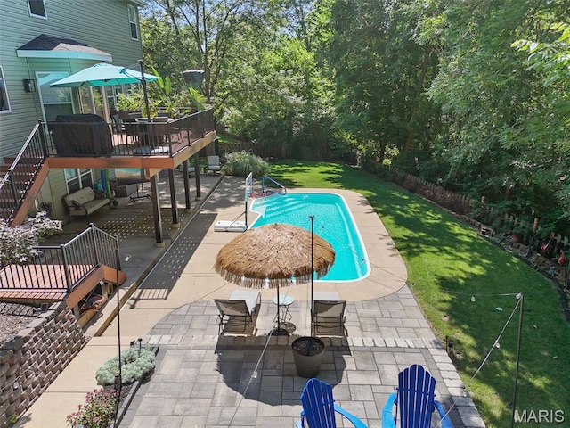 10 Renaud Pass, Ofallon, MO 63366 - view of swimming pool featuring a patio, a fenced backyard, an outdoor living space, stairs, and a deck