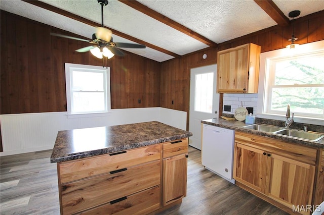 14525 Meadowlark Ln, Saint Genevieve, MO 63670 - kitchen featuring dishwasher, beam ceiling, dark countertops, wooden walls, and a textured ceiling