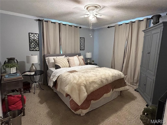 301 W Clipper St, Kennett, MO 63857 - bedroom featuring light carpet, crown molding, a textured ceiling, and ceiling fan