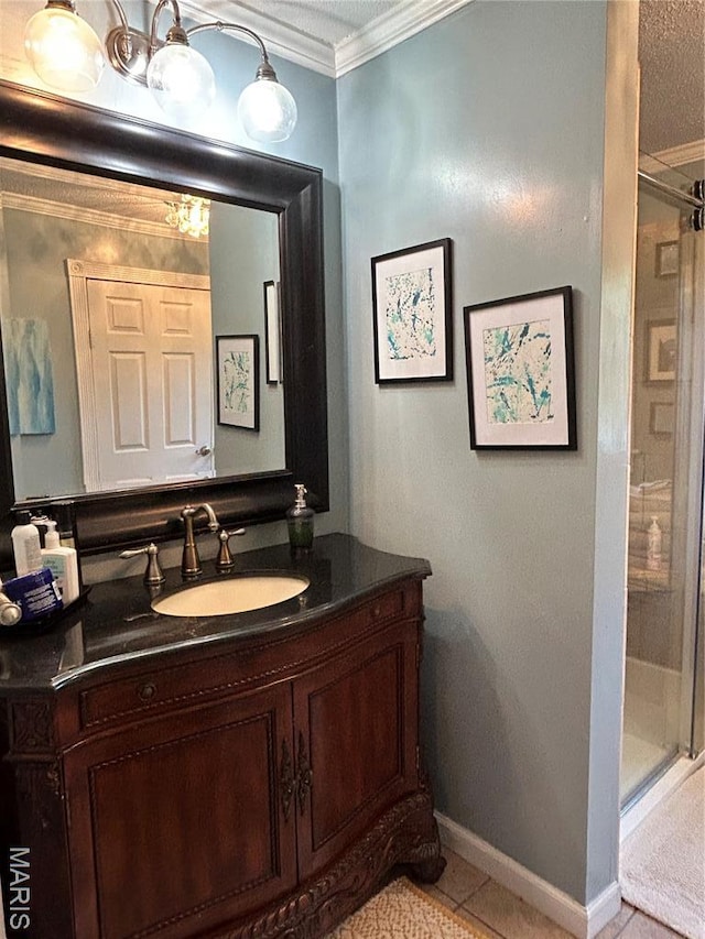 301 W Clipper St, Kennett, MO 63857 - bathroom with crown molding, vanity, a shower stall, and tile patterned flooring