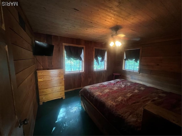 171 Bluffview Cir, Piedmont, MO 63957 - bedroom with wooden ceiling, wooden walls, multiple windows, and a ceiling fan