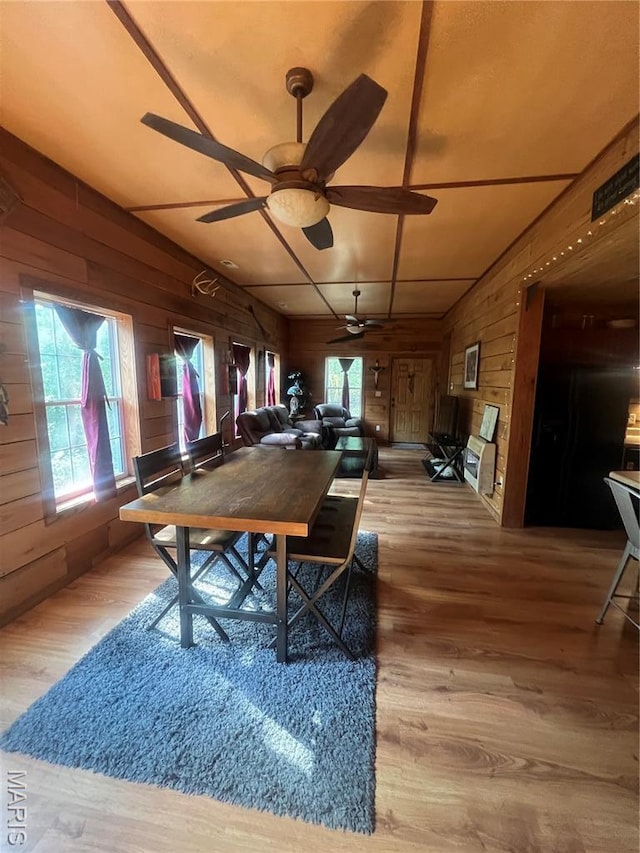 171 Bluffview Cir, Piedmont, MO 63957 - dining area featuring wooden walls, ceiling fan, wood finished floors, and lofted ceiling
