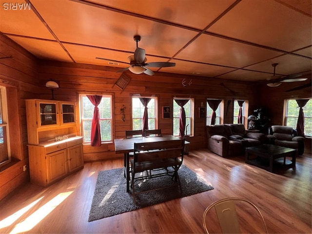 171 Bluffview Cir, Piedmont, MO 63957 - dining area featuring a ceiling fan, wooden walls, and light wood-style floors