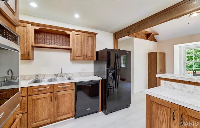 271 Westwood Trl, Foristell, MO 63348 - kitchen featuring black appliances, light flooring, brown cabinets, open shelves, and light countertops