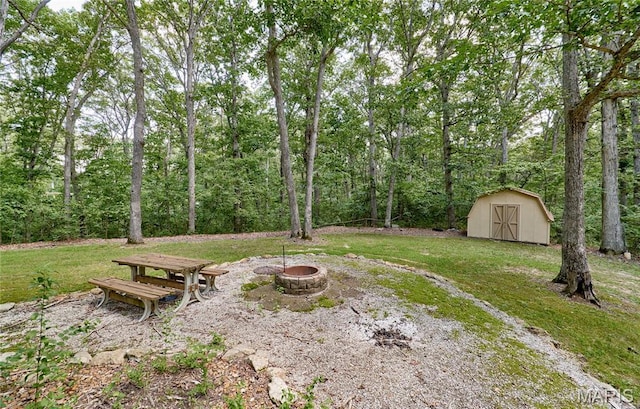 271 Westwood Trl, Foristell, MO 63348 - view of green lawn with an outdoor fire pit and a shed