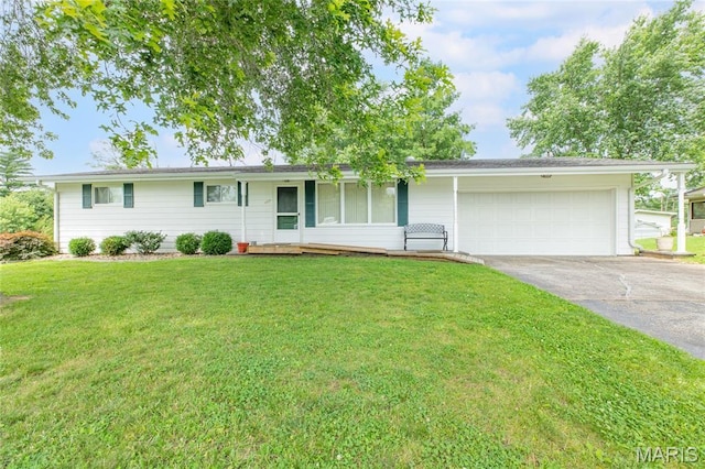 457 Maple Dr, Bethalto, IL 62010 - ranch-style home with concrete driveway, a garage, and a front yard