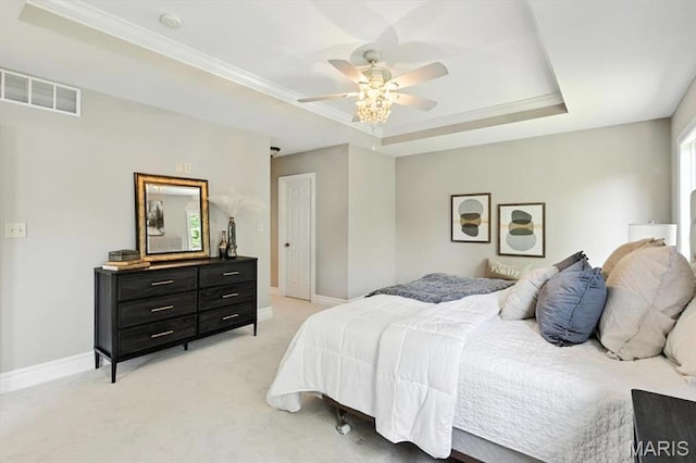 886 Arbor Chase Dr, Wildwood, MO 63021 - bedroom featuring a tray ceiling, light carpet, ornamental molding, and a ceiling fan