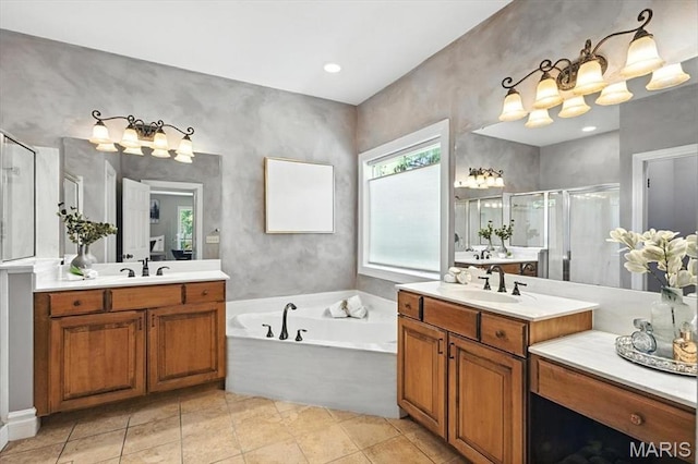 886 Arbor Chase Dr, Wildwood, MO 63021 - full bath featuring a shower stall, two vanities, a garden tub, and tile patterned floors