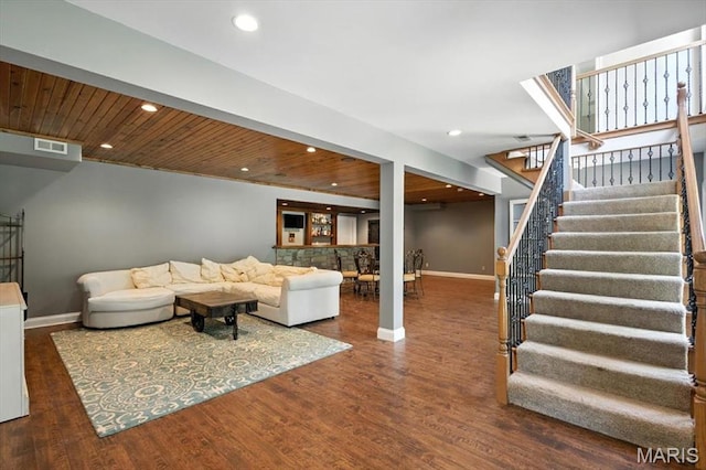 886 Arbor Chase Dr, Wildwood, MO 63021 - living room featuring stairway, wood finished floors, recessed lighting, and wood ceiling