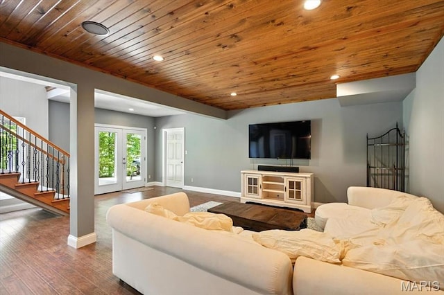 886 Arbor Chase Dr, Wildwood, MO 63021 - living room with wood ceiling, french doors, wood finished floors, recessed lighting, and stairway