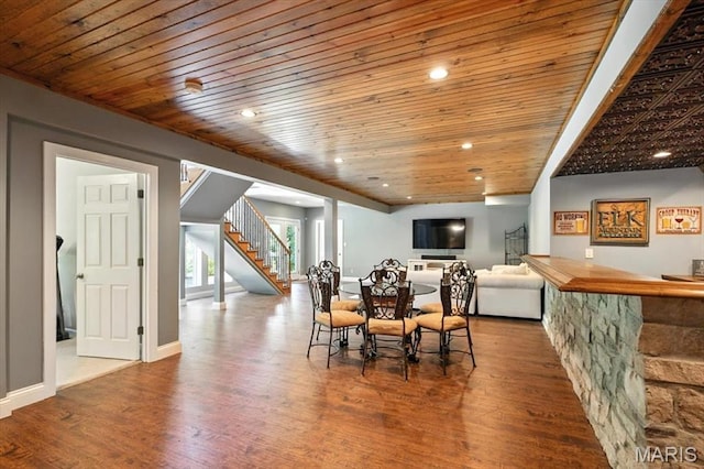 886 Arbor Chase Dr, Wildwood, MO 63021 - dining room with stairway, wooden ceiling, wood finished floors, and recessed lighting