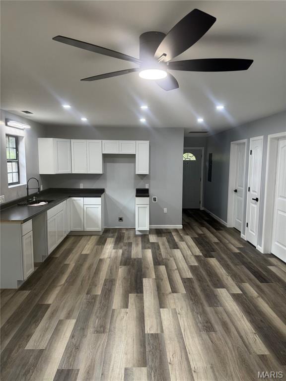 420 Evans Row, Park Hills, MO 63601 - kitchen with ceiling fan, dark countertops, dark wood-style floors, and white cabinets