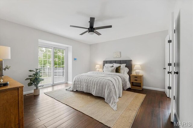 938 Blase Ave, Saint Louis, MO 63131 - bedroom featuring access to exterior, dark wood-type flooring, and ceiling fan