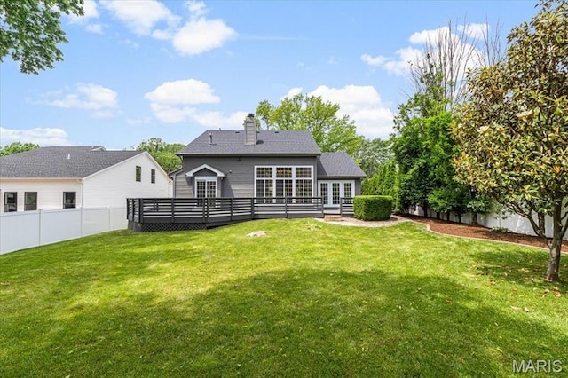 938 Blase Ave, Saint Louis, MO 63131 - back of house with french doors, a deck, a fenced backyard, and a chimney