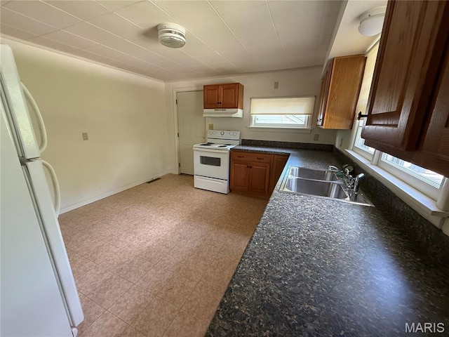 418 Monroe St, Pacific, MO 63069 - kitchen featuring white appliances, under cabinet range hood, dark countertops, and brown cabinets