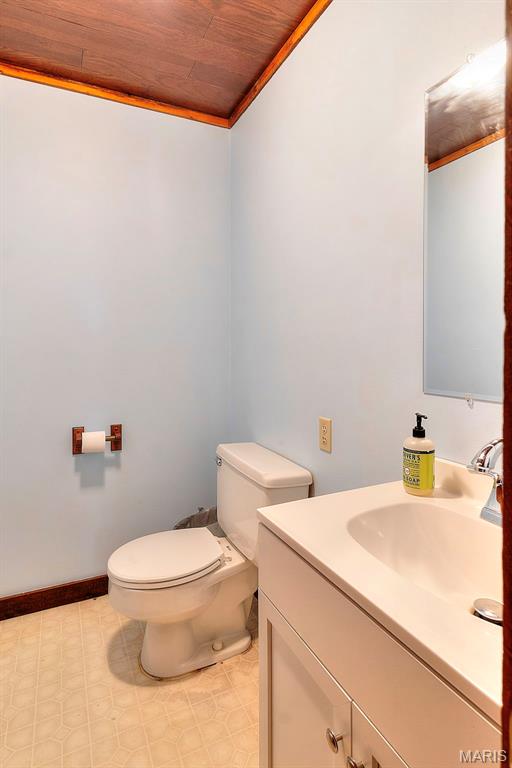 1369 County Highway 408, Benton, MO 63736 - half bathroom with wooden ceiling, vanity, and ornamental molding