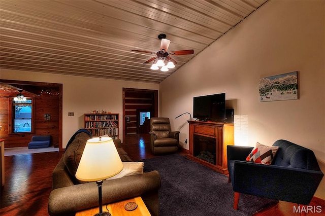 1369 County Highway 408, Benton, MO 63736 - living room with a ceiling fan, vaulted ceiling, wood finished floors, a fireplace, and wood ceiling