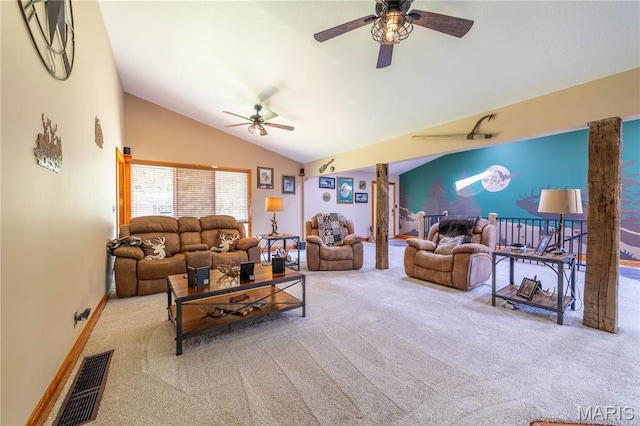 317 Johnson Pl, Palmyra, MO 63461 - carpeted living area featuring a ceiling fan and vaulted ceiling