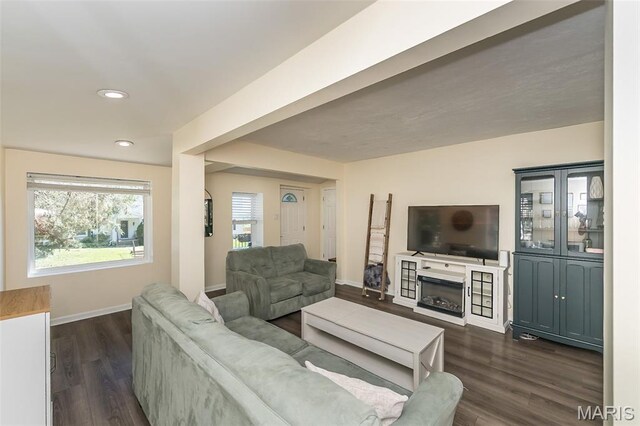 6451 Odell St, Saint Louis, MO 63139 - living area with dark wood finished floors, a fireplace, and recessed lighting