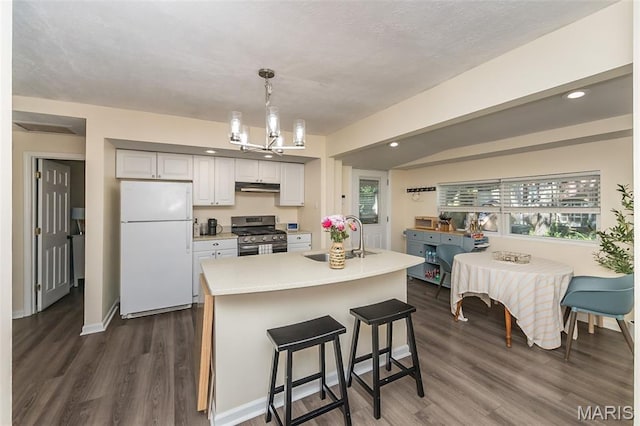 6451 Odell St, Saint Louis, MO 63139 - kitchen with freestanding refrigerator, stainless steel range, under cabinet range hood, dark wood finished floors, and light countertops
