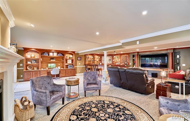 2421 Golden Bear Way Unit 731A, Wentzville, MO 63385 - living room featuring ornamental molding, light carpet, built in shelves, a fireplace, and an office area
