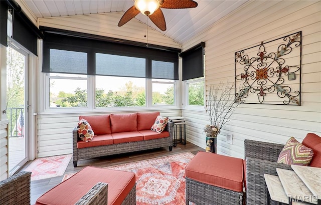 2421 Golden Bear Way Unit 731A, Wentzville, MO 63385 - sunroom / solarium featuring an outdoor living space, lofted ceiling, wooden walls, ceiling fan, and healthy amount of natural light