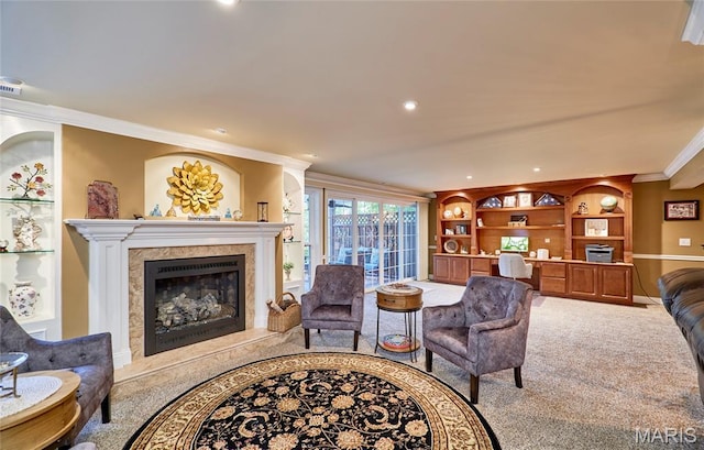 2421 Golden Bear Way Unit 731A, Wentzville, MO 63385 - carpeted living area featuring a high end fireplace, crown molding, built in features, an office area, and recessed lighting