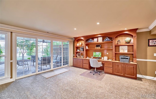 2421 Golden Bear Way Unit 731A, Wentzville, MO 63385 - home office with ornamental molding, light carpet, built in desk, and recessed lighting
