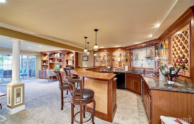 2421 Golden Bear Way Unit 731A, Wentzville, MO 63385 - indoor wet bar with black dishwasher, ornate columns, crown molding, hanging light fixtures, and recessed lighting