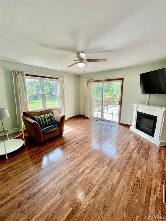 12 Dee, Moro, IL 62067 - living area with ceiling fan, wood finished floors, and a glass covered fireplace