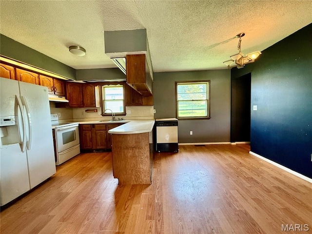 1206 Virginia Ave, Canton, MO 63435 - kitchen featuring white appliances, light countertops, under cabinet range hood, light wood-style floors, and a textured ceiling