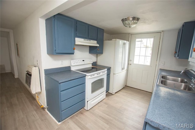 15 S 13th St, Wood River, IL 62095 - kitchen featuring white appliances, blue cabinetry, heating unit, under cabinet range hood, and light wood-style floors