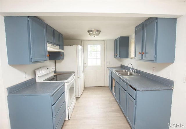 15 S 13th St, Wood River, IL 62095 - kitchen featuring electric range, under cabinet range hood, blue cabinetry, and light wood finished floors