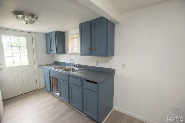 15 S 13th St, Wood River, IL 62095 - kitchen featuring light wood finished floors, blue cabinetry, and dark countertops
