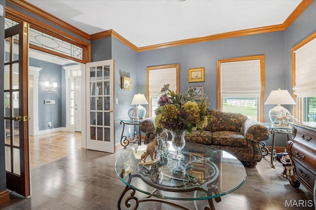 2175 Oberhelman Rd, Foristell, MO 63348 - living area featuring french doors, ornamental molding, and wood finished floors