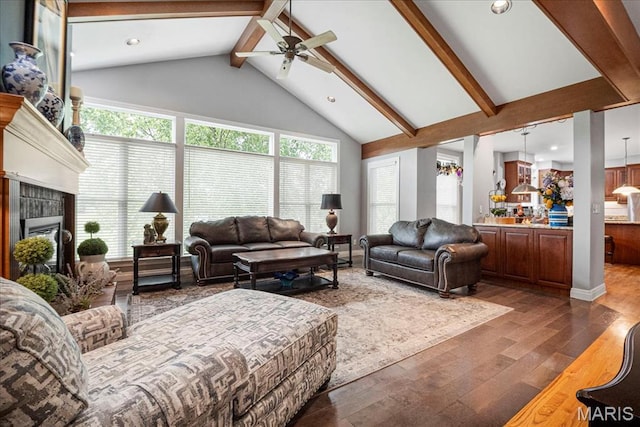 2175 Oberhelman Rd, Foristell, MO 63348 - living room featuring beam ceiling, hardwood / wood-style flooring, ceiling fan, a fireplace, and recessed lighting
