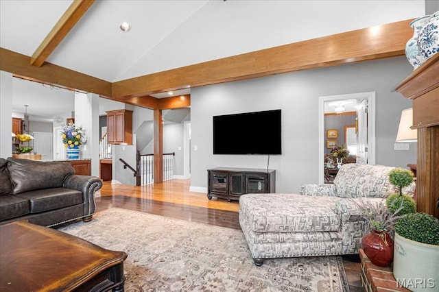 2175 Oberhelman Rd, Foristell, MO 63348 - living area featuring wood finished floors, lofted ceiling, and recessed lighting