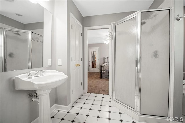 2175 Oberhelman Rd, Foristell, MO 63348 - full bath featuring a stall shower, tile patterned floors, and ceiling fan
